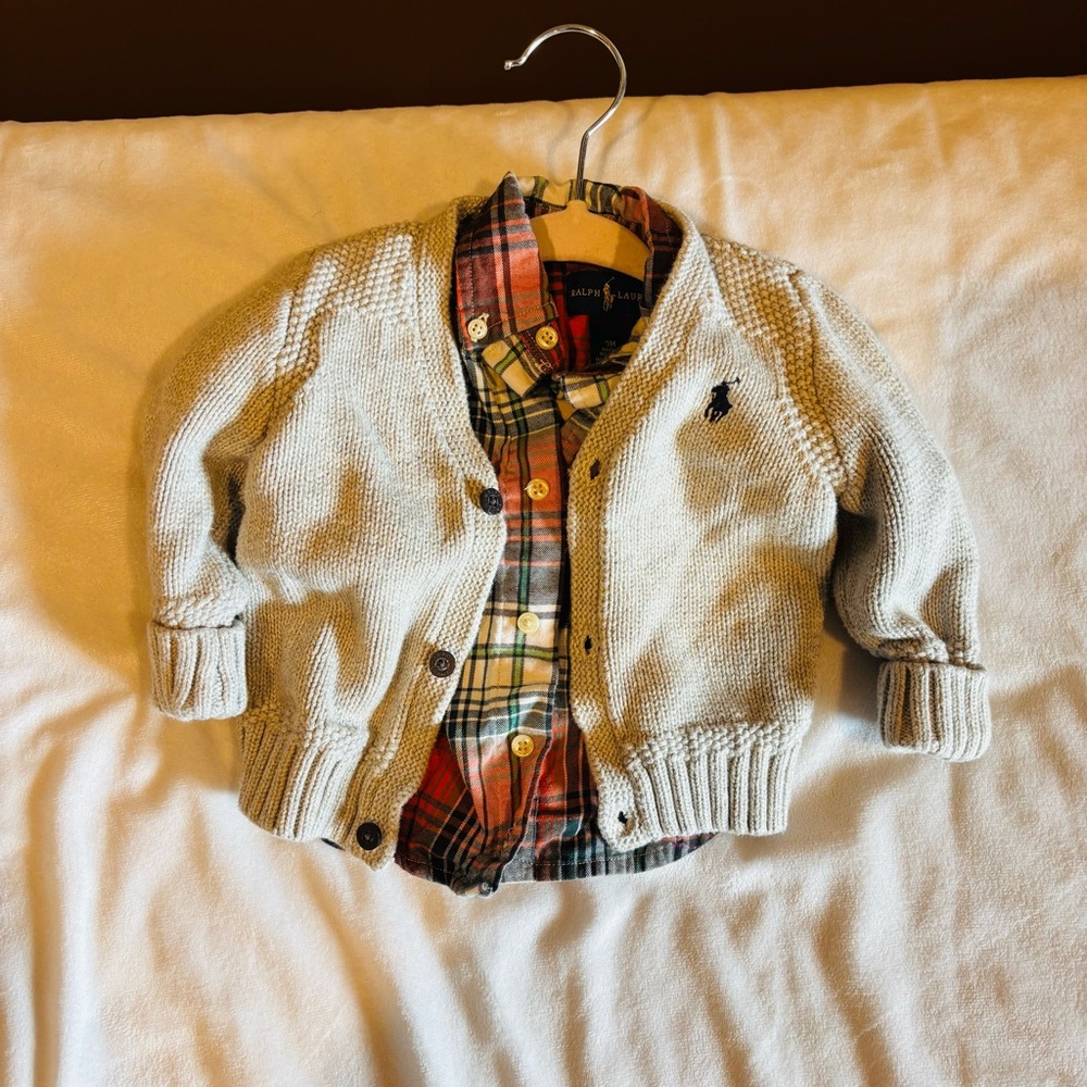 Polo by Ralph Lauren Kids Beige Cardigan with Multicolor Plaid Shirt